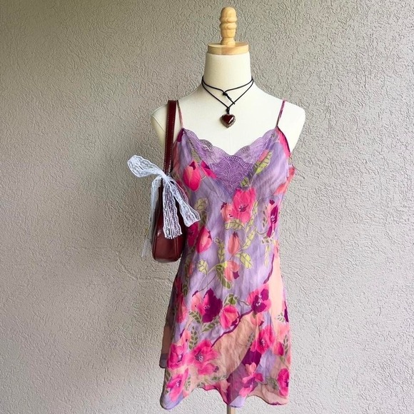 Victoria's Secret Other - Vtg Y2K 2001 Victoria's Secret 100% Silk Slip Dress Purple Floral Lingerie
